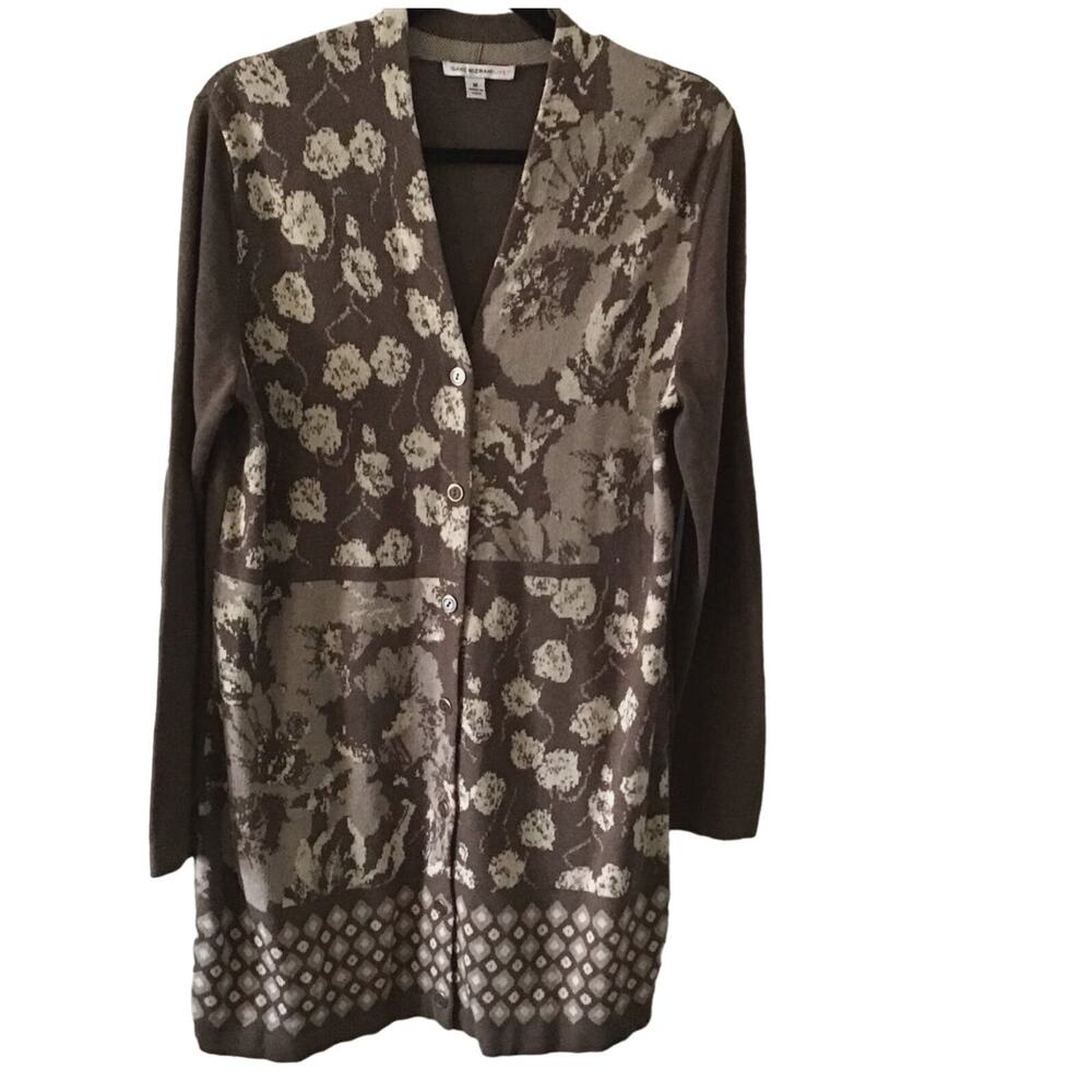 Isaac Mizrahi Live Brown Boho Floral Long Line Cotton blend Cardigan Medium